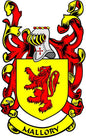 Family crest coat of arms magnet with yellow shield, red lion, and 'MALLORY' banner