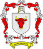 Coat of arms pinback with shield, red bull head, and “MANCKSCHUTZ” banner