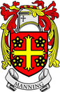 Manning family crest coat arms magnet with shield, red cross, and banner reading MANNING