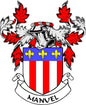 Manuel family crest coat arms magnet with red-and-white striped shield and fleur-de-lis banner
