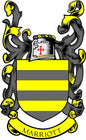 Marriott family crest coat arms magnet with yellow and black shield and banner