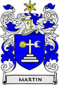 Martin family crest coat of arms magnet with blue shield, cross, sun and moon symbols