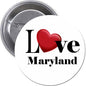 Round pinback button with red heart and "I Love Maryland" text