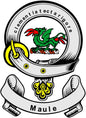 Round coat-of-arms magnet with green dragon crest and 'Maule' ribbon text