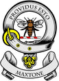 Round coat of arms pinback with bee crest and banner, black, white, yellow details