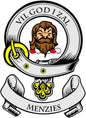 Round coat-of-arms magnet with lion face, crest ribbon, and MENZIES text