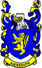 Meredith family crest coat of arms pinback, blue and yellow shield with MEREDITH banner