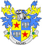 Michel family crest pinback featuring blue-and-gold shield with red stars and birds