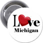 Round pinback button with 'I Love Michigan' text and red heart design