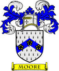 Moore family crest enamel pinback with blue-and-white shield and MOORE banner