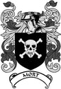 Mort family crest pinback with black shield, skull and crossbones, ornate ribbon