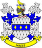 Heraldic coat of arms magnet with blue and yellow shield and NAGLE banner