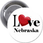 Nebraska love pinback button, round silver back with white face and red heart