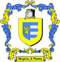 Family crest coat of arms pinback with yellow shield, lion, and blue ribbon banner