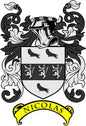 Nicolas family crest pinback badge, black and white coat of arms with yellow "NICOLAS" banner