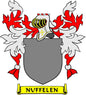 Family crest coat arms magnet with gray shield, red-and-white flames, and Nuffelen banner