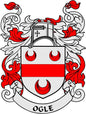 Ogle family crest coat-of-arms magnet with red and white shield and flame accents