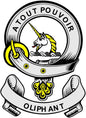 Coat of arms pinback with unicorn illustration, ring text, and OLIPHANT lettering