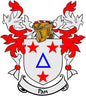 Heraldic crest pinback with shield, triangle mark, red stars, and gold crown