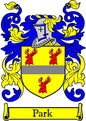 Coat of arms pinback badge with blue shield, red deer, and Park banner