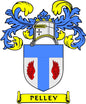 Coat of arms shield magnet with blue-and-white crest and 'PELLEY' banner