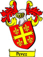 Coat of arms pinback: red shield, yellow cross, fleur-de-lis, 'Perez' banner.