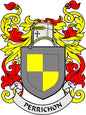 Perrichon family crest coat of arms pinback, gray shield with red and yellow flames
