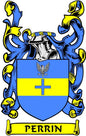 Perrin family crest coat arms magnet with blue shield, yellow cross, and PERRIN banner