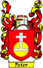 Red and gold coat of arms pinback badge with shield, cross, and 'Peter' banner