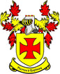 Pierres family crest pinback: red cross shield with yellow border and banner