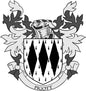 Ornate family crest coat of arms pinback with black-and-white shield and PIGOTT banner