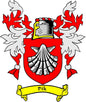 Pik family crest pinback with red shield, white detailing, and ribbon banner