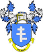 Family crest enamel pin with blue shield, gold trim, PILAWA banner, cross symbols