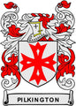 Family crest arms magnet with Pilkington banner, red cross-star shield and decorative red flames