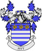 Coat of arms pin with blue and white shield, gold emblem, and 'PITT' banner