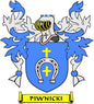 Family crest arms magnet with blue shield, horseshoe and yellow Piwnicki banner.