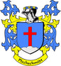 Family crest coat of arms magnet with blue shield, red cross, and Plechschmidt banner