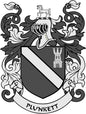 Family crest pinback with black-and-white shield, banner reading PLUNKETT, ornate wings