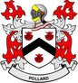 Family crest pinback with Pollard text, red and black shield, laurel
