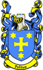 Poltus crest coat arms magnet: blue shield, yellow stars and cross, Poltus ribbon