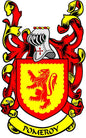 Pomeroy family crest coat of arms pinback: yellow shield with red lion and ribbon