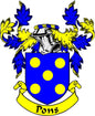 Coat of arms pinback with blue shield and yellow dots, Pons banner