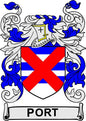 Port family crest coat of arms pinback with shield, blue scrolls, red and white cross