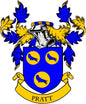 Coat of arms pinback badge with blue shield, three yellow birds, and PRATT banner