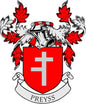 Red family crest coat of arms magnet with white cross on shield and laurel.