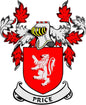 Family crest pinback with red shield, lion, and red/white laurel wreath design