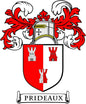 Prideaux coat of arms pinback: red and white shield with crown and flames