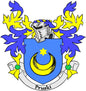 Pruski family crest arms coat magnet with blue shield, yellow-gold details, and black emblem