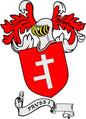 Red Prussian family crest magnet with shield, white cross and ribbon, 3-inch