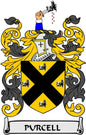 Purcell family crest enamel pinback, black-and-gold coat of arms with scroll nameplate